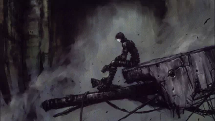 A dark-themed HD anime wallpaper featuring a solitary figure sitting on a broken structure, set against a moody, shadowy background reminiscent of Blame!.