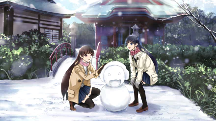 HD PC desktop wallpaper of Anime Astrogirls Shin Amadate and Mahiru Amadate building a snowman in a serene snowy shrine garden, soft light and falling snow.