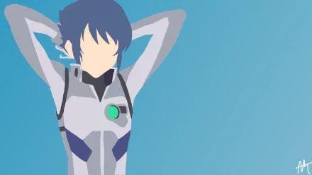 Minimalist HD desktop wallpaper of Rui Kanoya from the anime Re:Creators, featuring a faceless character in a futuristic suit against a blue gradient background.
