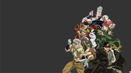 A dynamic HD desktop wallpaper featuring characters Joseph Joestar, Noriaki Kakyoin, Mohammed Avdol, Jean Pierre Polnareff, and Jotaro Kujo from JoJo's Bizarre Adventure: Stardust Crusaders.