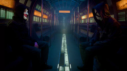 HD PC desktop wallpaper from the movie Who Am I: two hooded, masked figures face each other in a dim, neon-lit subway car, bathed in cold blue-green light and shadow.