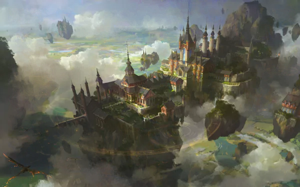 HD wallpaper of a fantasy city on a floating island surrounded by clouds, featuring intricate buildings and a majestic landscape.