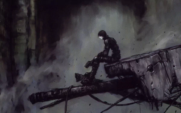 A dark-themed HD anime wallpaper featuring a solitary figure sitting on a broken structure, set against a moody, shadowy background reminiscent of Blame!.