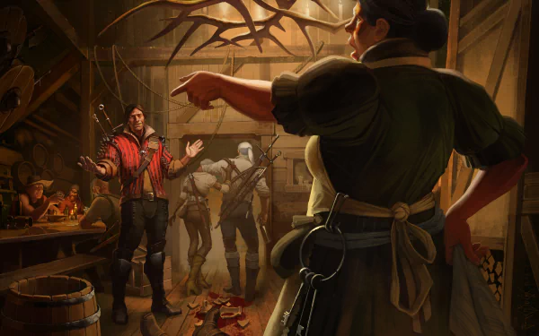 An HD desktop wallpaper from The Witcher 3: Wild Hunt featuring Ciri and Geralt of Rivia in a tavern scene, with a bustling atmosphere and a woman pointing passionately in the foreground.