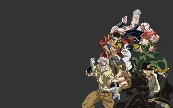 A dynamic HD desktop wallpaper featuring characters Joseph Joestar, Noriaki Kakyoin, Mohammed Avdol, Jean Pierre Polnareff, and Jotaro Kujo from JoJo's Bizarre Adventure: Stardust Crusaders.