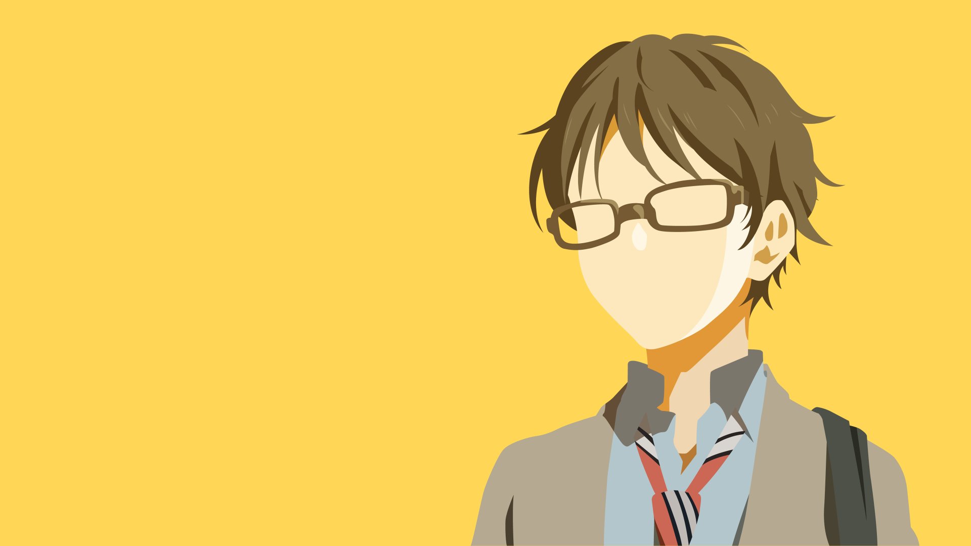 Minimalist anime 4K Ultra HD PC desktop wallpaper of Kousei Arima from Your Lie in April: faceless stylized portrait in glasses and school uniform on a bold yellow background.