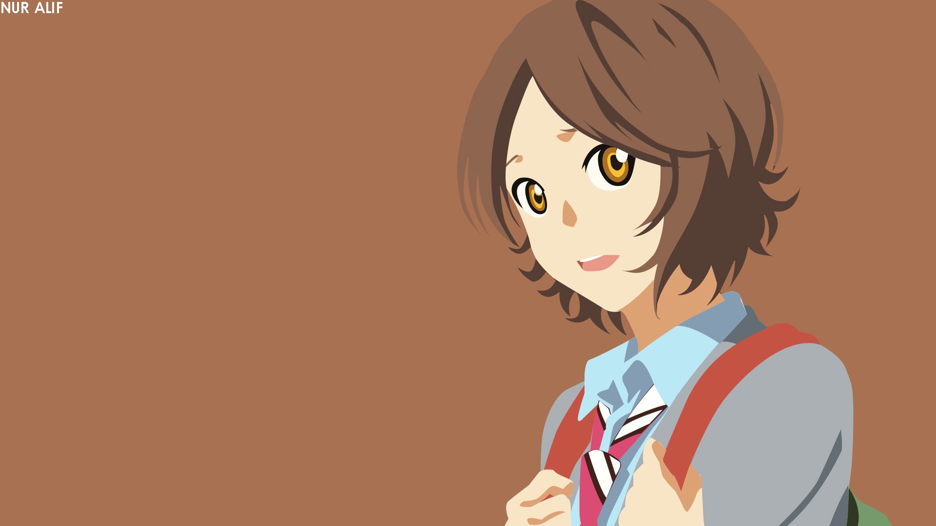HD PC desktop wallpaper of Tsubaki Sawabe from the anime Your Lie in April, smiling in her school uniform against a warm brown background.