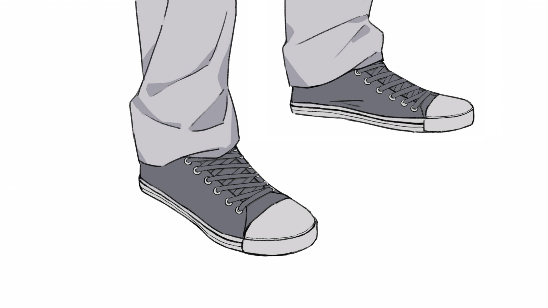 Anime HD PC desktop wallpaper background from Your Lie in April: close-up of a character's lower legs in light gray pants and dark gray canvas sneakers on a white backdrop.