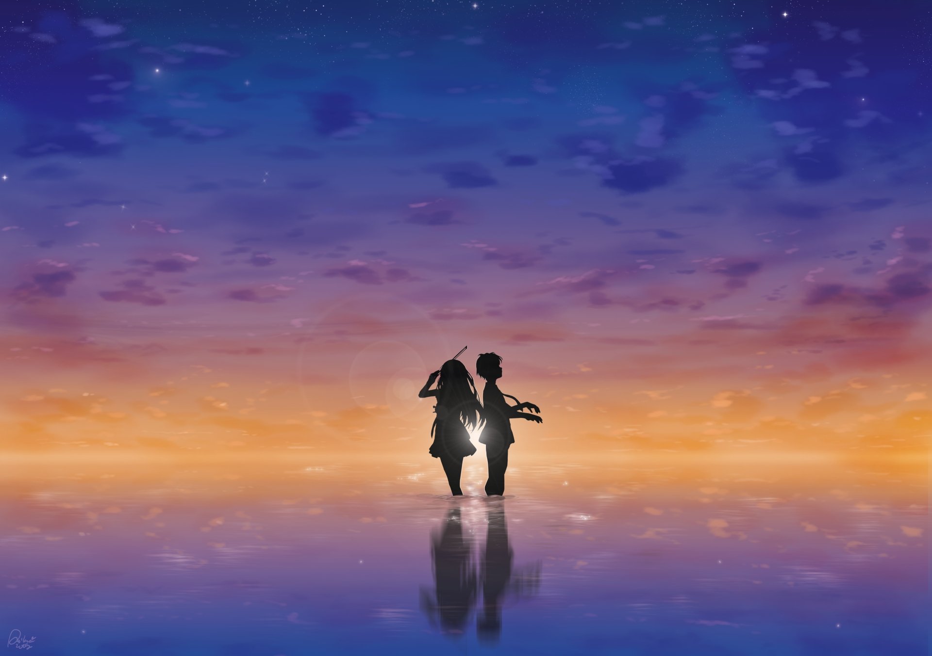 HD wallpaper of Your Lie in April featuring silhouettes of Kousei Arima and Kaori Miyazono against a beautiful gradient sunset sky.