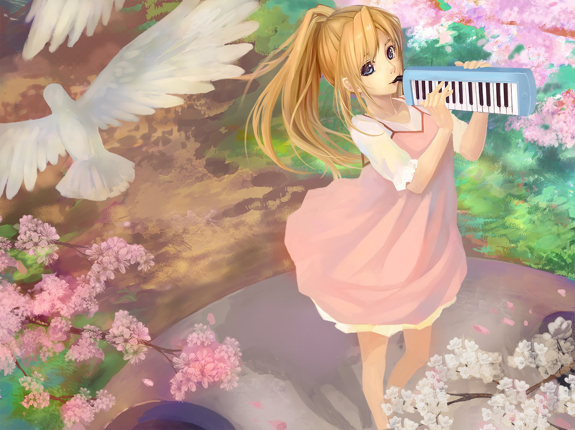 A HD desktop wallpaper featuring Kaori Miyazono from the anime Your Lie in April, playing a melodica amidst blooming flowers and a white dove in flight.