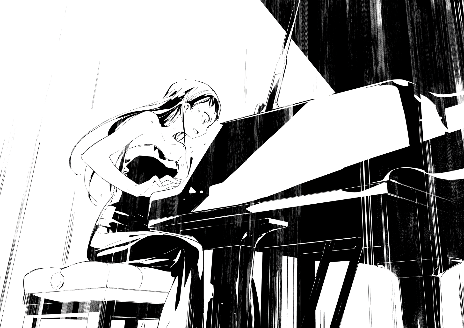 HD anime wallpaper featuring Emi Igawa passionately playing the piano, inspired by Your Lie in April, rendered in striking black and white contrast.