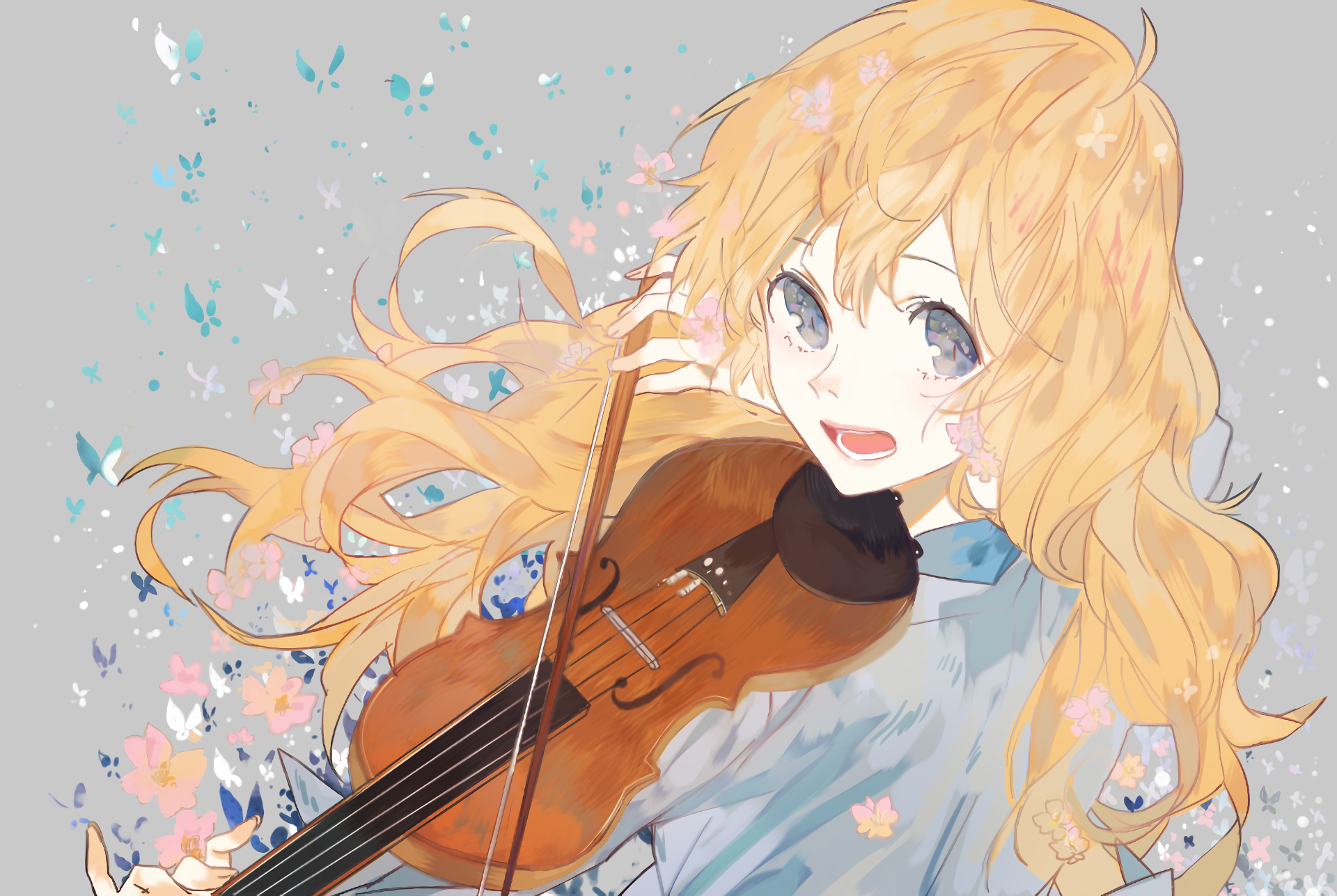 HD anime desktop wallpaper featuring Kaori Miyazono from Your Lie in April playing the violin, surrounded by colorful butterflies and soft pastel tones.