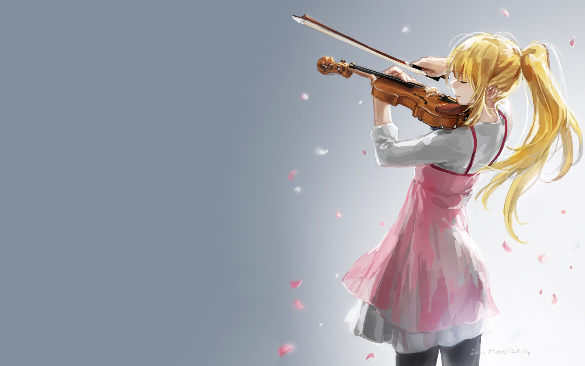 HD desktop wallpaper of Kaori Miyazono from Your Lie in April, an anime, playing the violin. She stands against a soft background with pink petals floating around her.