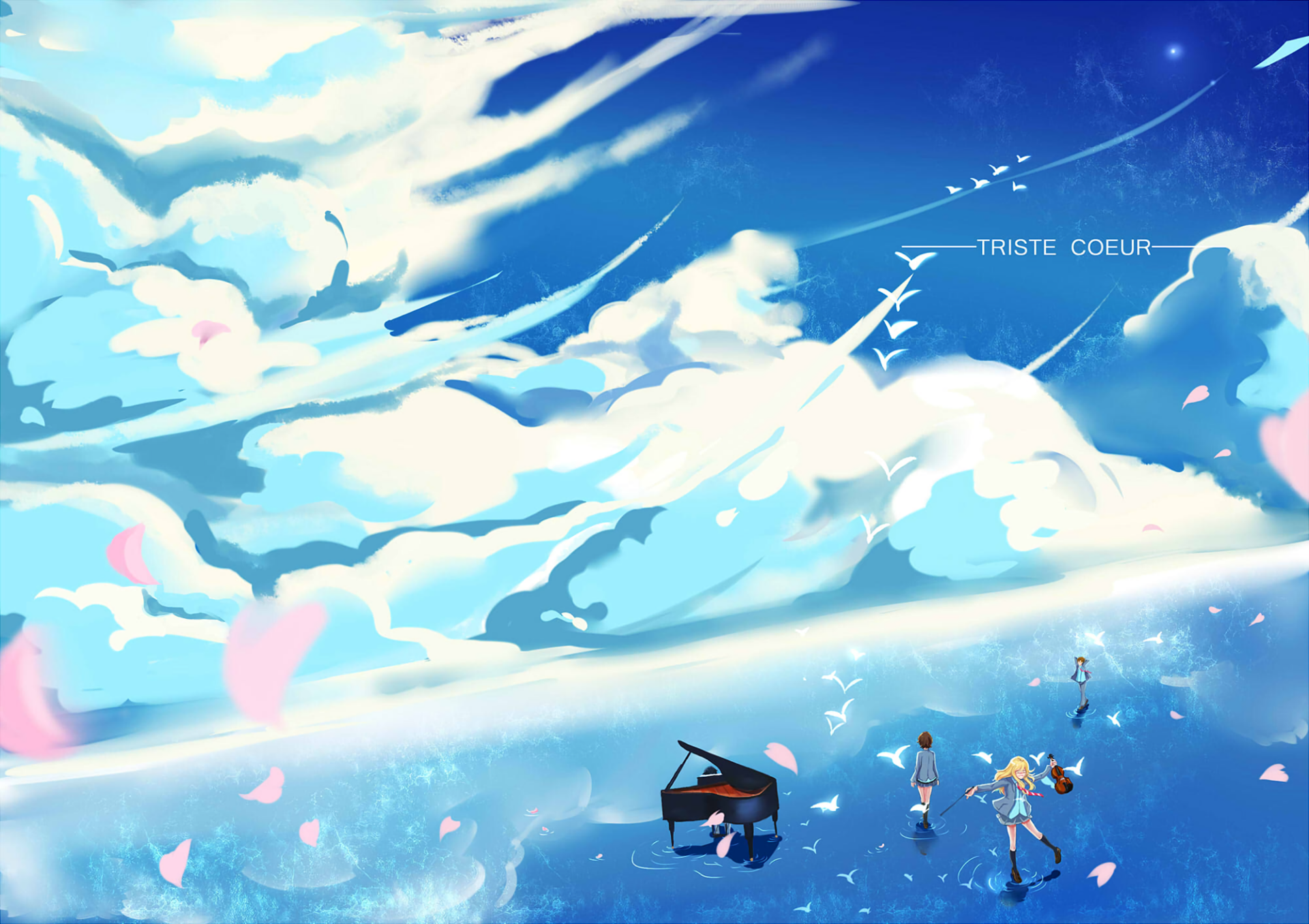 HD anime wallpaper featuring Ryota Watari, Tsubaki Sawabe, Kousei Arima, and Kaori Miyazono from Your Lie in April under a bright blue sky with clouds and piano keys.