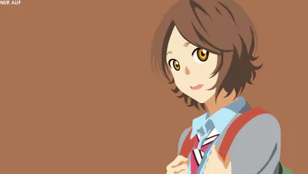 HD PC desktop wallpaper of Tsubaki Sawabe from the anime Your Lie in April, smiling in her school uniform against a warm brown background.
