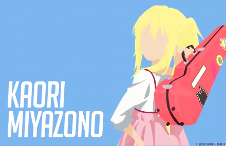 HD PC desktop wallpaper: stylized Kaori Miyazono from the anime Your Lie in April, faceless blond figure with violin case slung over her shoulder on a blue background.