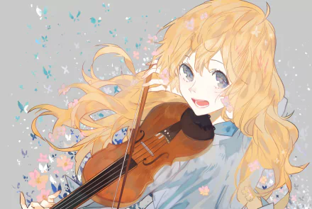 HD anime desktop wallpaper featuring Kaori Miyazono from Your Lie in April playing the violin, surrounded by colorful butterflies and soft pastel tones.