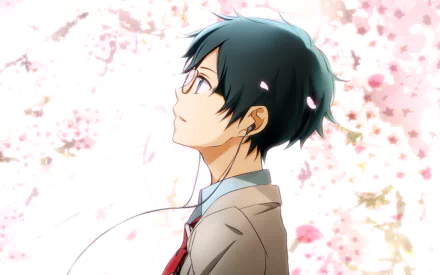 HD PC desktop wallpaper featuring Kousei Arima from the anime Your Lie in April, set against a soft background of pink cherry blossoms.