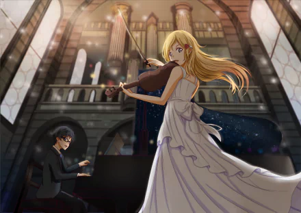 HD desktop wallpaper featuring Kaori Miyazono playing the violin and Kousei Arima playing the piano in a grand hall from the anime Your Lie in April.