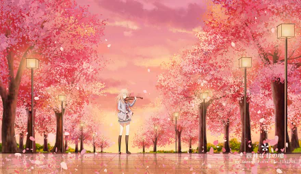 HD desktop wallpaper featuring Kaori Miyazono from Your Lie in April, standing in the center of a path with blossoming cherry trees, playing her violin. She is wearing a skirt under a pink-hued sky.