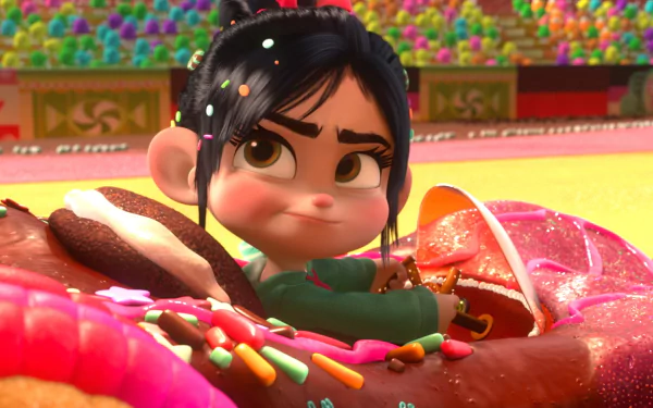 HD PC desktop wallpaper featuring Vanellope von Schweetz from the movie Wreck-It Ralph surrounded by colorful candy and sweets.