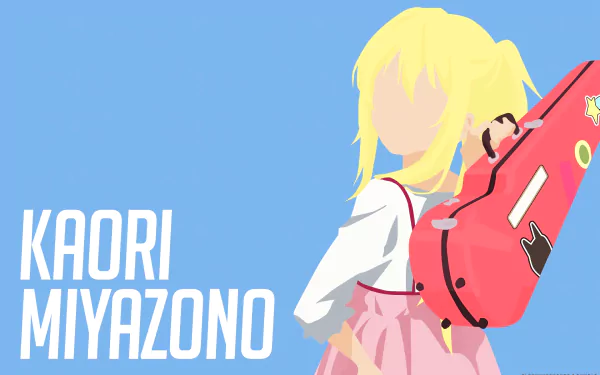 HD PC desktop wallpaper: stylized Kaori Miyazono from the anime Your Lie in April, faceless blond figure with violin case slung over her shoulder on a blue background.
