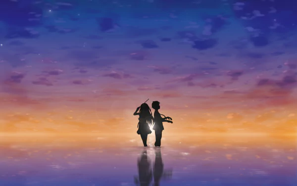 HD wallpaper of Your Lie in April featuring silhouettes of Kousei Arima and Kaori Miyazono against a beautiful gradient sunset sky.