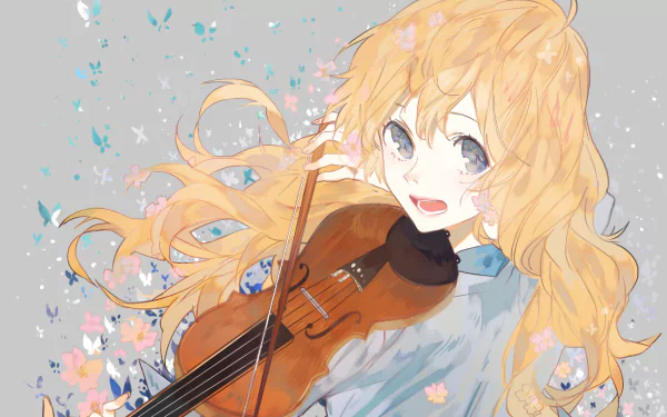 HD anime desktop wallpaper featuring Kaori Miyazono from Your Lie in April playing the violin, surrounded by colorful butterflies and soft pastel tones.