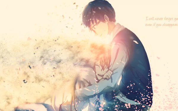 HD desktop wallpaper featuring Kousei Arima and Kaori Miyazono from the anime Your Lie in April, embracing with a beautiful, ethereal background and subtle text overlay in the upper right.
