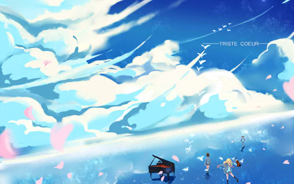 HD anime wallpaper featuring Ryota Watari, Tsubaki Sawabe, Kousei Arima, and Kaori Miyazono from Your Lie in April under a bright blue sky with clouds and piano keys.