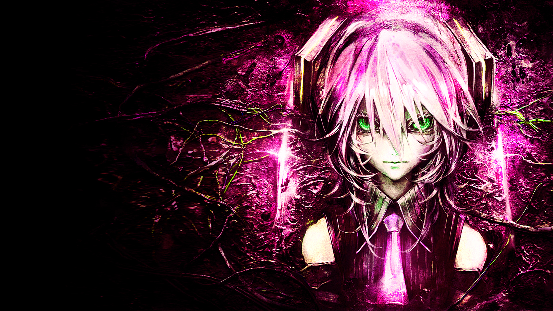 Hatsune Miku with green eyes and pink hair on a light background.