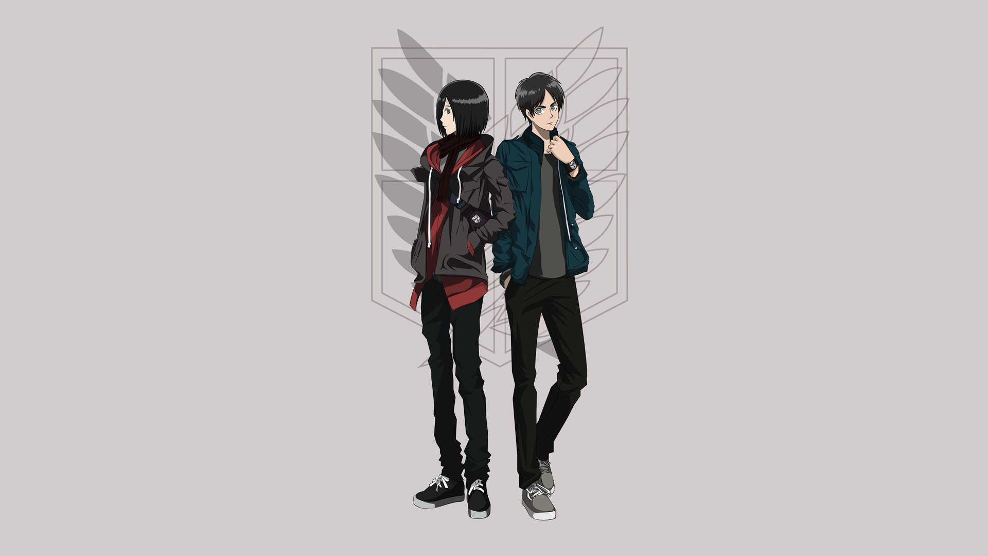 Eren Yeager and Mikasa Ackerman from the anime Attack on Titan stand confidently against a backdrop featuring the series' emblem, captured in a stunning HD desktop wallpaper.