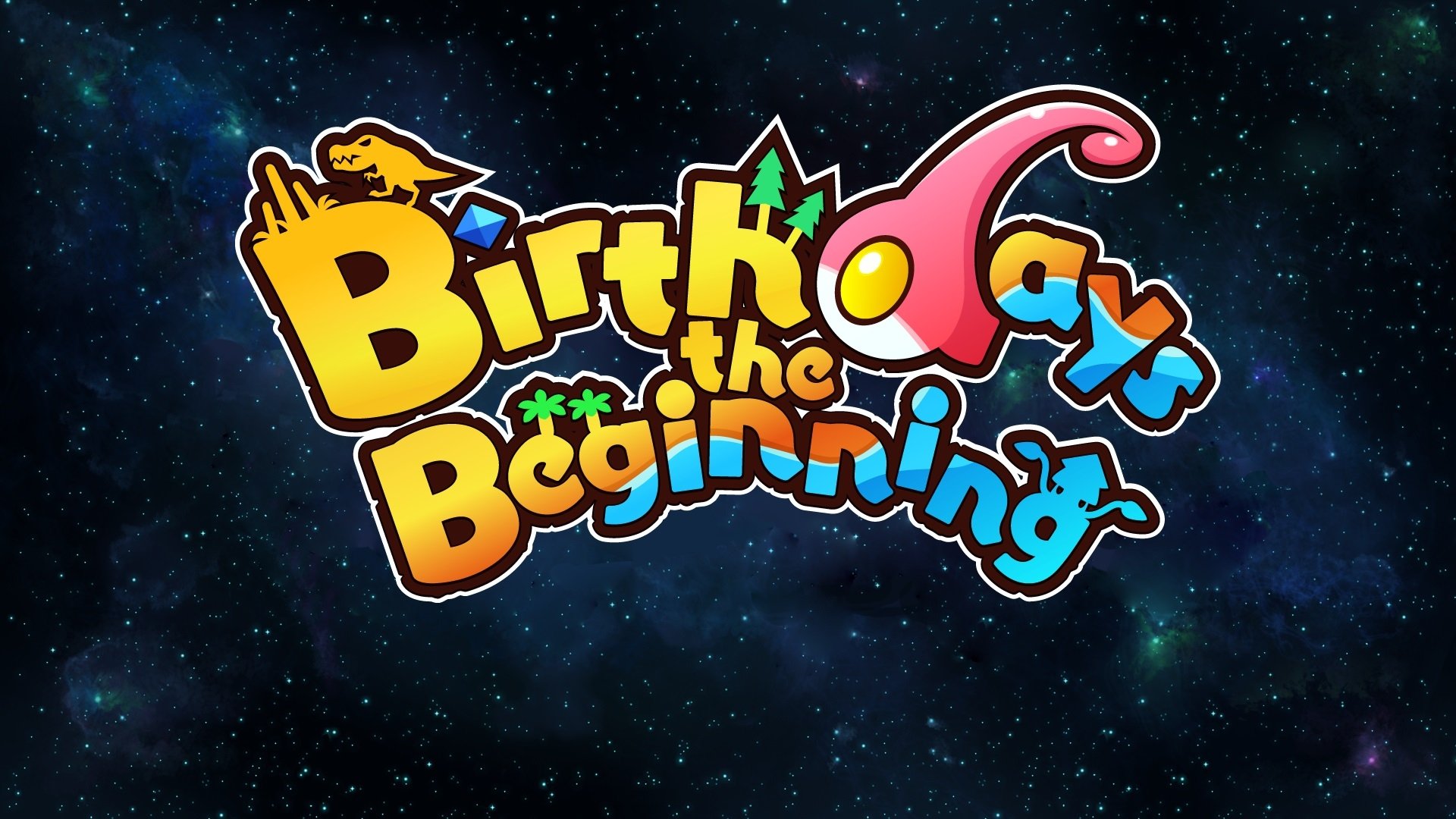 HD desktop wallpaper featuring the colorful logo of the video game Birthdays the Beginning set against a starry space background.