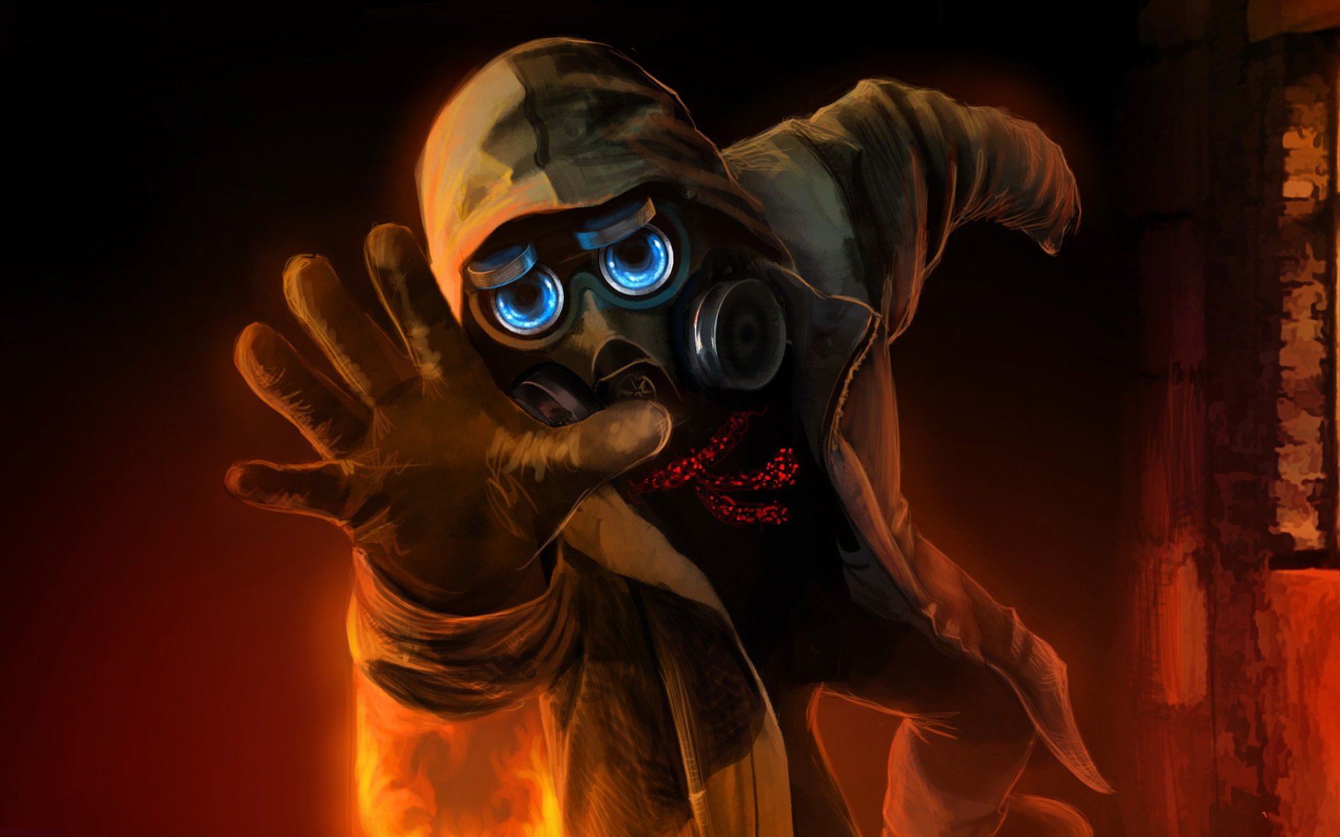 Comic-style Romantically Apocalyptic HD PC desktop wallpaper: hooded figure in a gas mask reaches toward the viewer through glowing orange shadows.