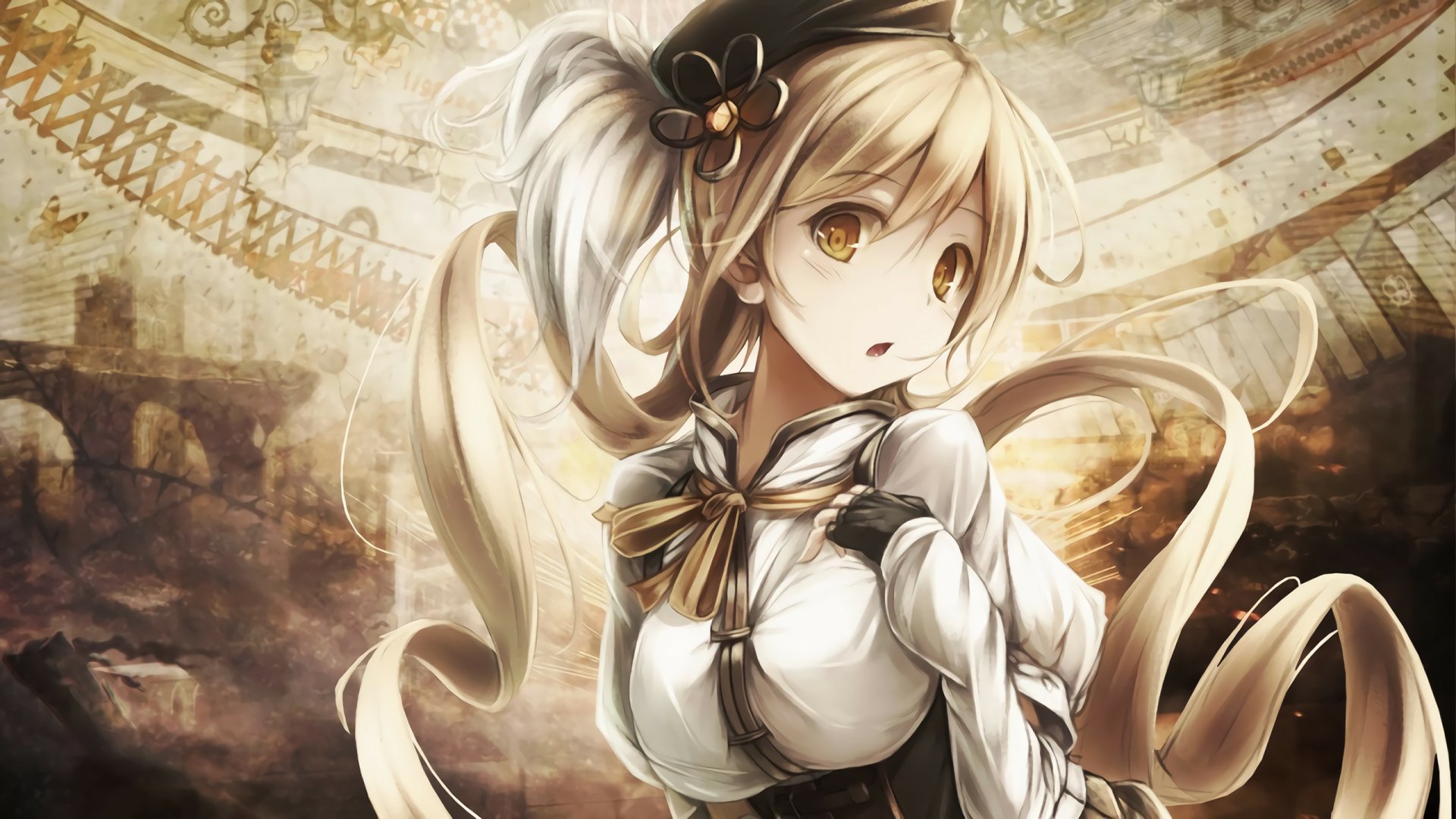 HD PC desktop wallpaper featuring Mami Tomoe from the anime Puella Magi Madoka Magica, depicted with golden hues and intricate background details.