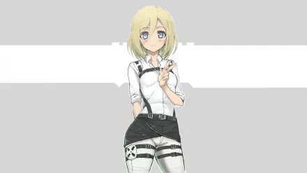 HD wallpaper and background of Historia Reiss from Attack on Titan anime, posing confidently with a peace sign and a soft smile. A minimalist gray and white backdrop accentuates her character.