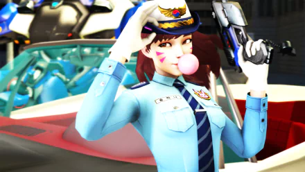 HD PC desktop wallpaper featuring D.Va from Overwatch in a police uniform, blowing bubblegum with a futuristic vehicle in the background.