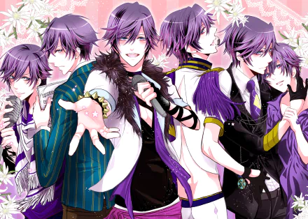HD PC desktop wallpaper of Ichinose Tokiya from the anime Uta no Prince-sama: multiple purple‑haired poses in varied outfits against a pink floral background.