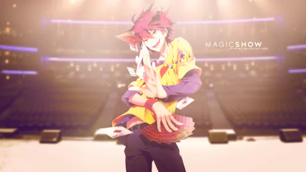 Vibrant HD desktop wallpaper featuring Sora from No Game No Life performing a dynamic card magic show on stage with glowing purple lights in the background.