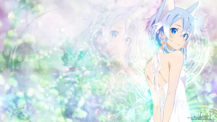 HD desktop wallpaper featuring Shino Asada, also known as Sinon, from Sword Art Online II. The anime character stands amidst a dreamy, pastel-toned background with floral and ethereal elements.