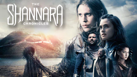 HD PC desktop wallpaper/background for The Shannara Chronicles TV show: a group of fantasy characters in armor stand before a misty river, broken bridge and distant castle at sunrise.