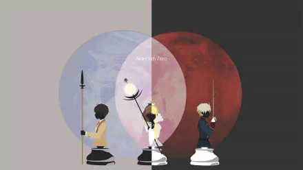 Anime Aldnoah.Zero HD PC desktop wallpaper: three characters seated back-to-back on pawn-like bases, holding a spear and sword before overlapping blue and red planetary discs.