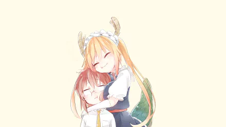 Kobayashi and Tohru from Miss Kobayashi's Dragon Maid embrace warmly in this 4K Ultra HD anime desktop wallpaper.