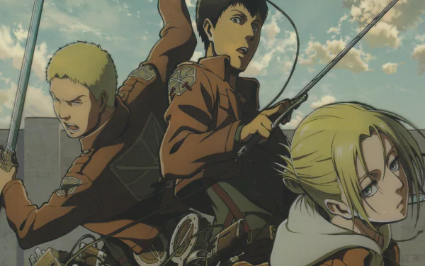 HD desktop wallpaper featuring Bertholdt Hoover, Reiner Braun, and Annie Leonhart from the anime Attack on Titan in action poses with maneuver gear against a cloudy sky background.