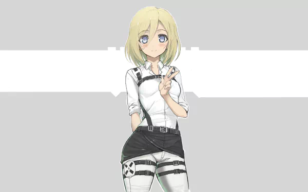 HD wallpaper and background of Historia Reiss from Attack on Titan anime, posing confidently with a peace sign and a soft smile. A minimalist gray and white backdrop accentuates her character.
