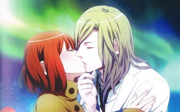 Nanami Haruka kissing Camus (Uta no Prince-sama) — anime 4K Ultra HD PC desktop wallpaper featuring an intimate close-up with a glowing aurora-like background.
