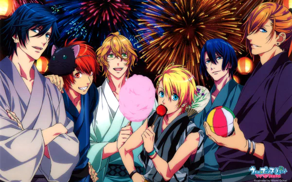 HD anime desktop wallpaper featuring Jinguji Ren, Shinomiya Natsuki, Kurusu Syo, Ittoki Otoya, Ichinose Tokiya, and Hijirikawa Masato from Uta no Prince-sama with fireworks background.
