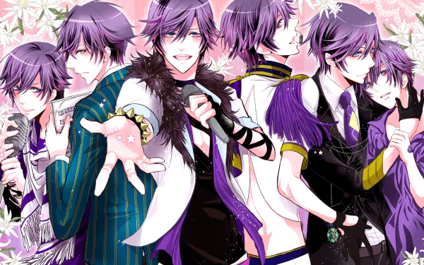 HD PC desktop wallpaper of Ichinose Tokiya from the anime Uta no Prince-sama: multiple purple‑haired poses in varied outfits against a pink floral background.