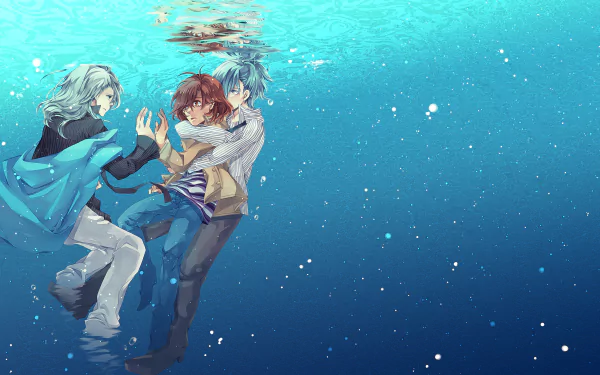 Underwater anime HD desktop wallpaper from Uta no Prince-sama featuring Kotobuki Reiji, Kisaragi Aine, Mikaze Ai and Camus drifting in deep blue with sunlight filtering from above.