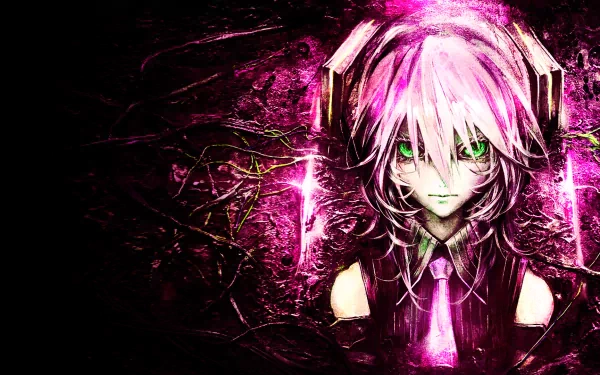 HD desktop wallpaper featuring Hatsune Miku with pink hair and green eyes in an anime-inspired Vocaloid theme, set against a vibrant, dark pink background with intricate designs.
